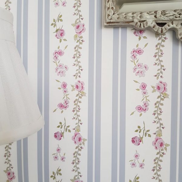 Clara Rose Floral blue striped wallpaper in a vintage style, by rose and foxgloves