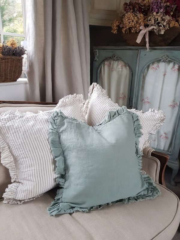 Duck Egg Green Ripped Raw Edge 100% linen scatter cushion by rose and foxgloves