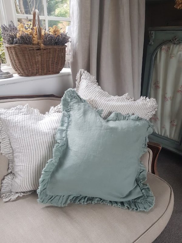 Duck Egg Green Ripped Raw Edge 100% linen scatter cushion by rose and foxgloves