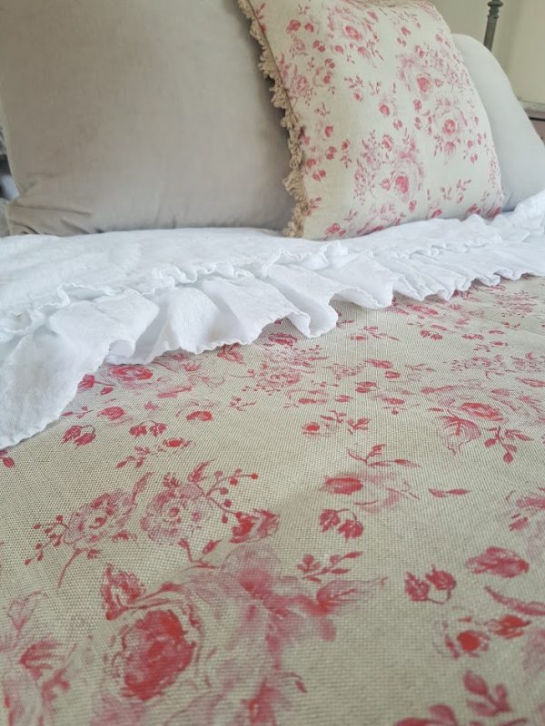 French Flax linen ruffle 4 piece bedding set rose and foxgloves