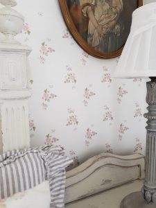 Petite Fleurs French pink floral on ivory faded floral wallpaper by rose and foxgloves