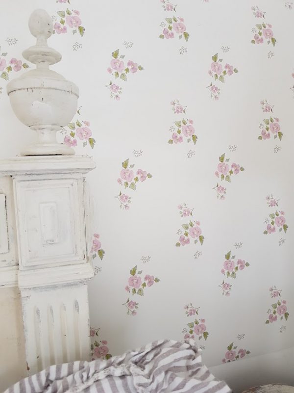 Petite Fleurs French pink floral on ivory faded floral wallpaper by rose and foxgloves main
