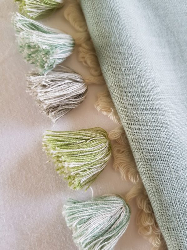 Seafoam and ivory, dove and ivory, olive and ivory tassel fan edge curtain trim