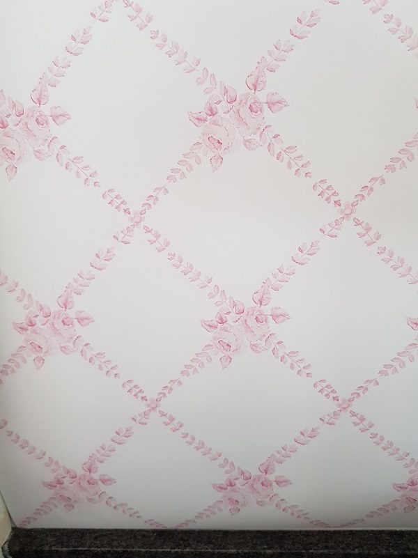 Antoinette French Antique inspired wallpaper in pink by Rose and Foxgloves