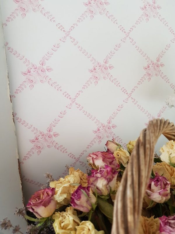 Antoinette French Antique inspired wallpaper in pink by Rose and Foxgloves