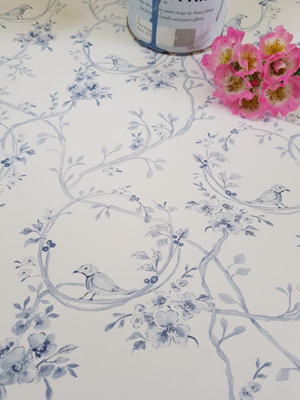 Doves in the blossom in blue French toile by rose and foxgloves