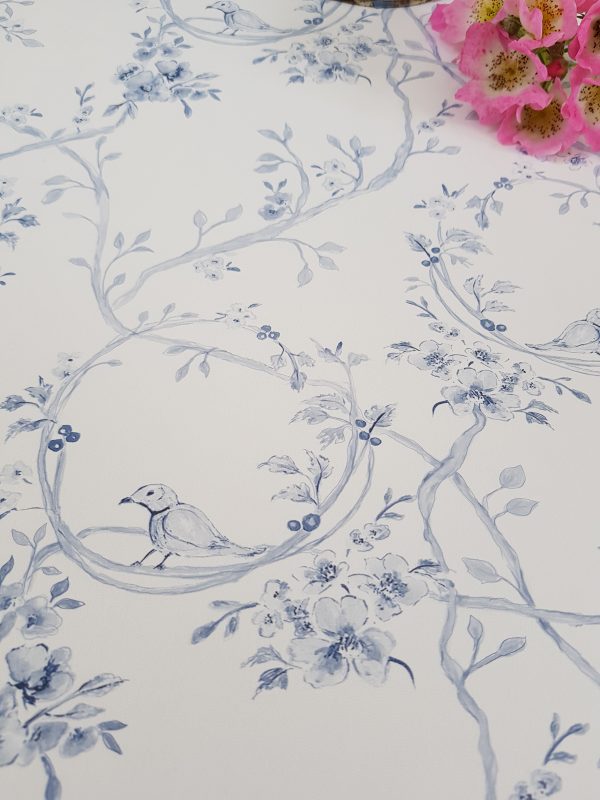 Doves in the blossom in blue French toile by rose and foxgloves