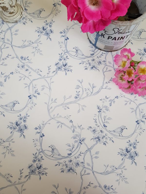 Doves in the blossom in blue French toile by rose and foxgloves