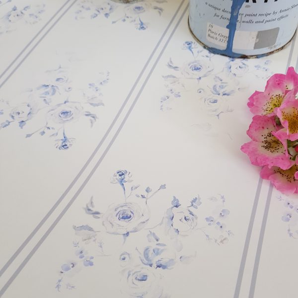 French Faded blue roses with grey stripe wallpaper by rose and foxgloves