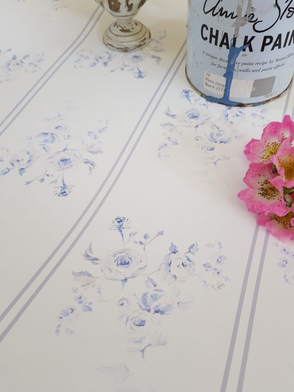 French Faded blue roses with grey stripe wallpaper by rose and foxgloves