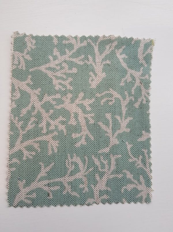 Corals in Dix blue on Natural linen fabric by Rose and Foxgloves