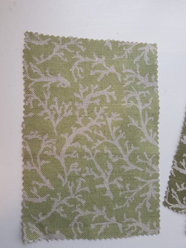 Corals in kitchen green on Natural linen fabric by Rose and Foxgloves