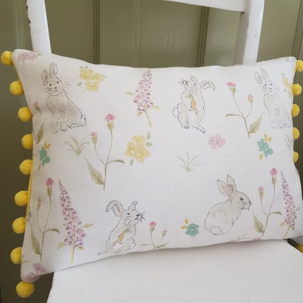 Rabbits rabbits rabbits cushion bolster with cotton yellow pompoms by rose and foxgloves