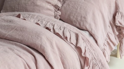 Antiqued rosa pink tumbled linen ruffle bed set by Rose and Foxgloves