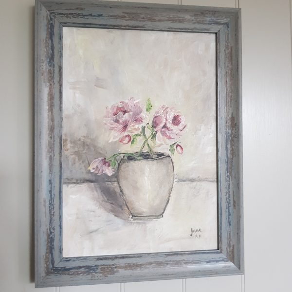 Roses in an Oversized Pot Signed Acrylic Painting in Rustic Frame- A4 Size