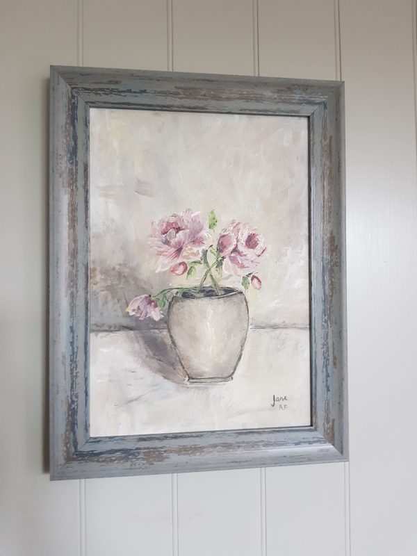 Roses in an Oversized Pot Signed Acrylic Painting in Rustic Frame- A4 Size