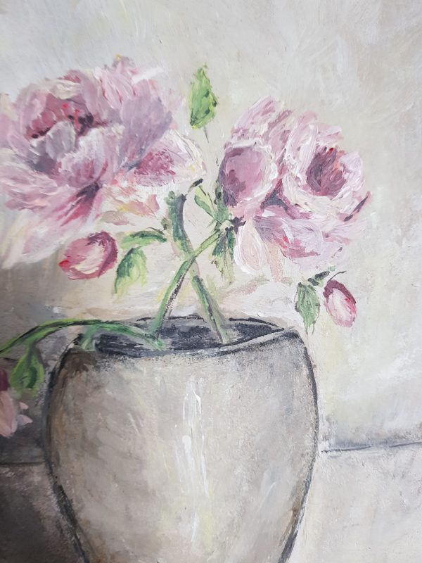 Roses in an Oversized Pot Signed Acrylic Painting in Rustic Frame- A4 Size