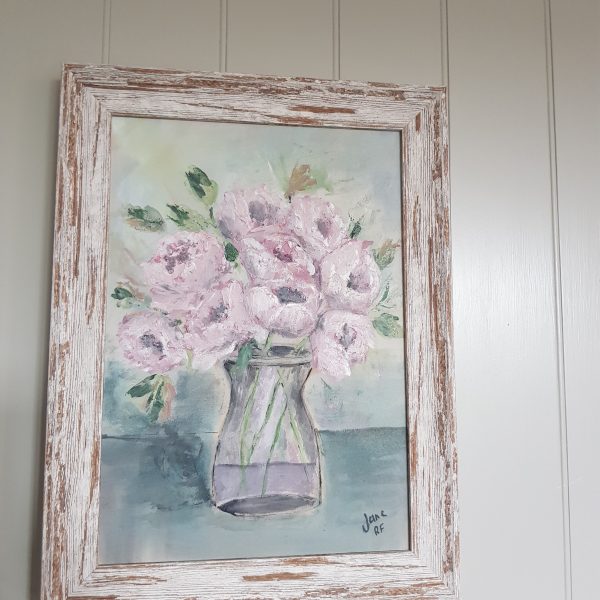 Soft Roses Signed Acrylic Painting in Rustic Frame