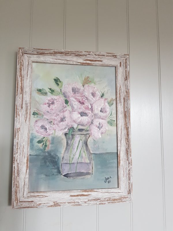 Soft Roses Signed Acrylic Painting in Rustic Frame