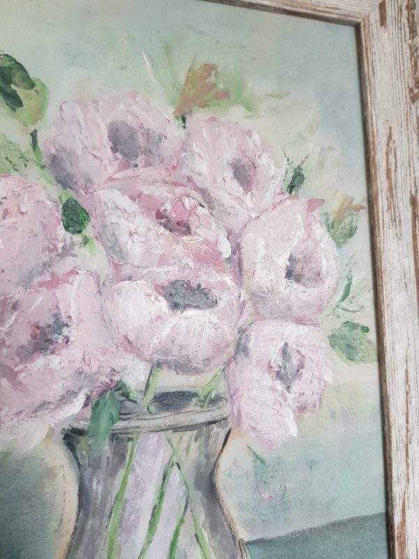 Soft Roses Signed Acrylic Painting in Rustic Frame