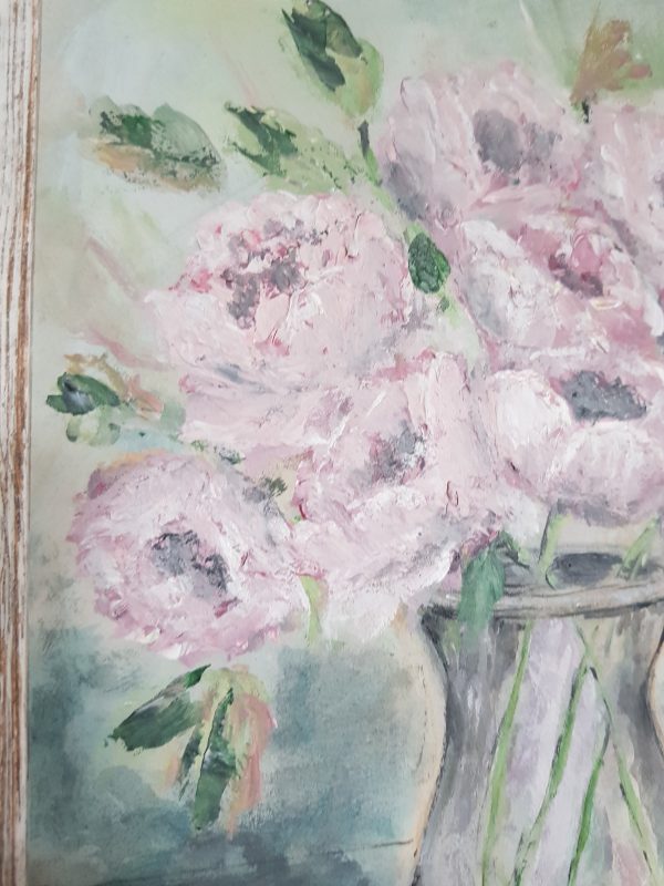 Soft Roses Signed Acrylic Painting in Rustic Frame