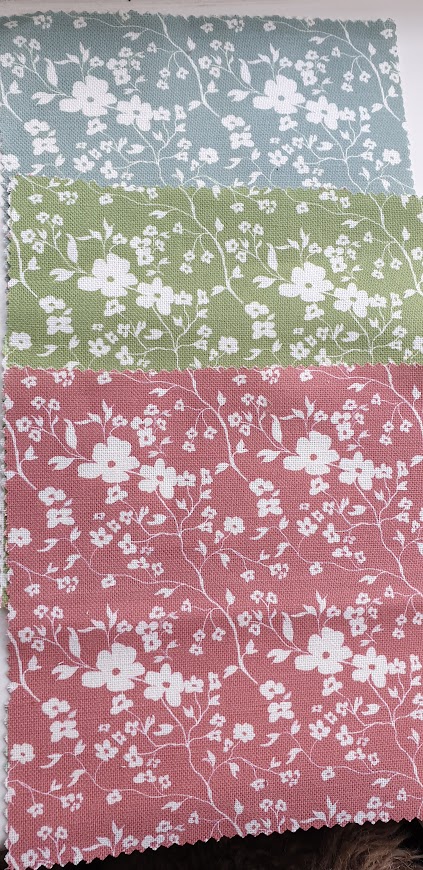 May in three colours on ivory linen fabric rose and foxgloves