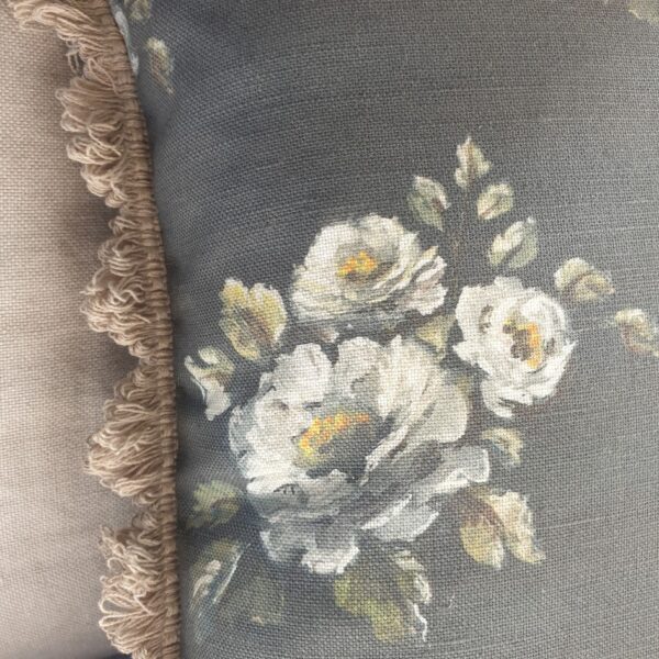 La vie en rosa roses cushion on grey linen rose and foxgloves 1