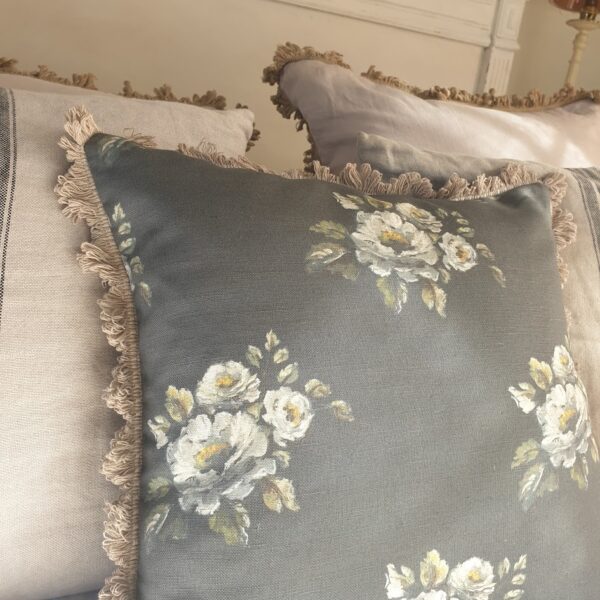 La vie en rosa roses cushion on grey linen rose and foxgloves