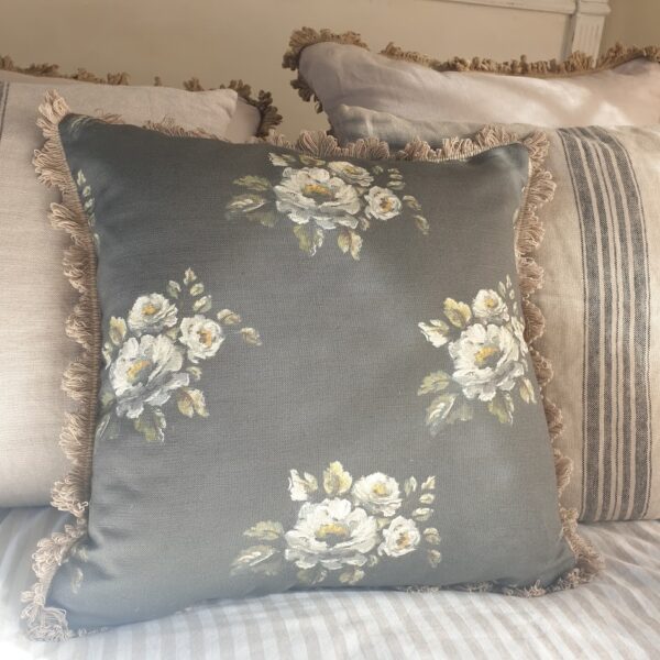 La vie en rosa roses cushion on grey linen rose and foxgloves main