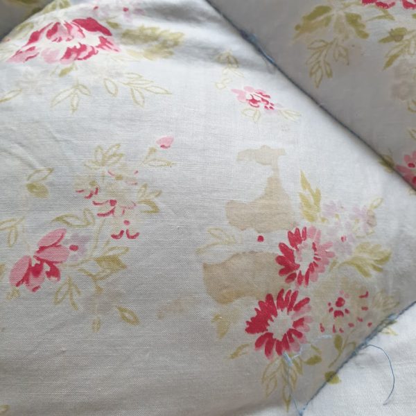 Double Pale Blue Floral Vintage Eiderdown by Rose and Foxgloves stain 2