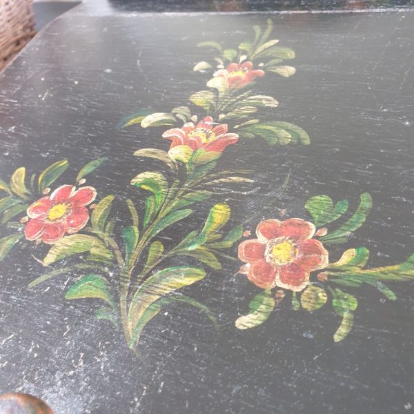 Victorian Black Floral Handpainted Stationery Slope Stationery Box with Knob close up