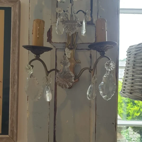 Pair of Antique French Crystal Brass Double Wall Lights RFWL3PAIR