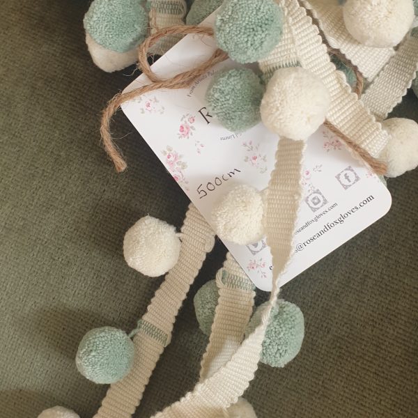 Seafoam and Ivory Pom Pom Handloomed Cotton Trimming Offcut 500cm