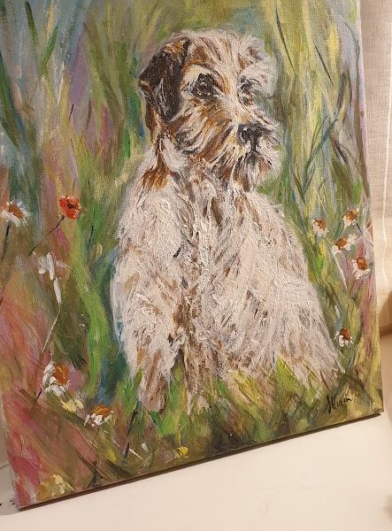 Scruffy Terrier in the Meadow  Signed Painting, 25cm by 30cm