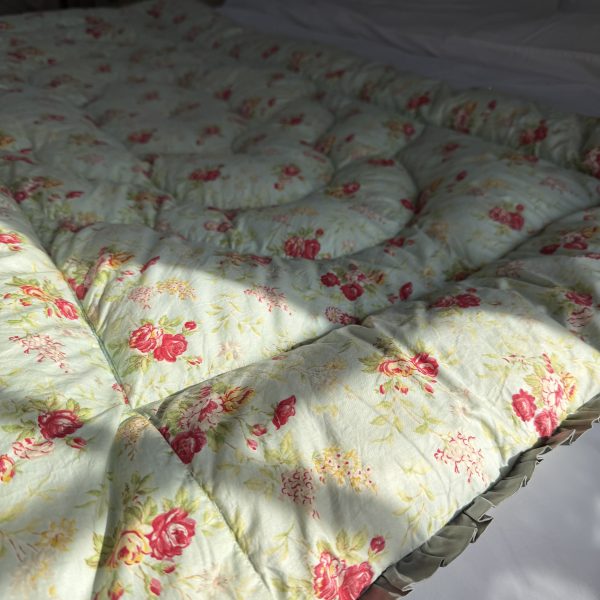 Vintage Feather Eiderdown Pale Blue with Red Roses pie crust grey edge.