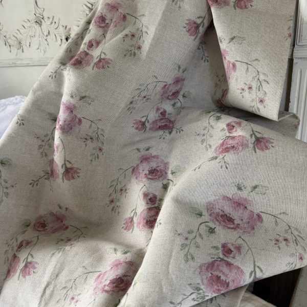 Englands Rose Muted Pink On Natural Linen Fabric