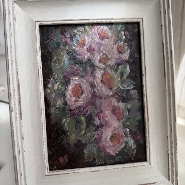 Morris Roses Oil Painting in a Cream Shabby Painted Frame 19x24cm